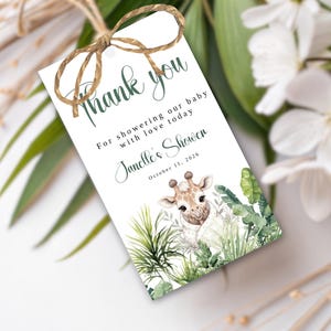 Safari Baby Shower Thank You Tags Template, 2x3.5 Rectangle Tags, Giraffe Baby Shower Decorations, Editable Printable Tag, Templett