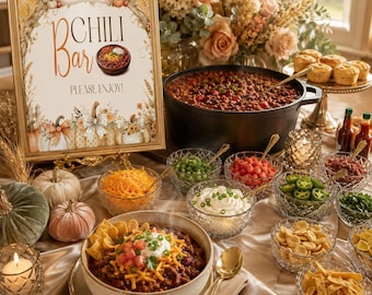 Letrero imprimible para barra de chili de calabaza, descarga instantánea, decoración para baby shower de otoño, letrero para estación de comida, decoración para baby shower de otoño, BB6