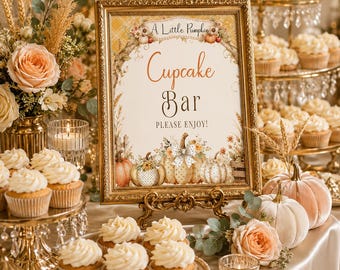 Kürbis Cupcake Bar druckbare Zeichen, sofort Download, Herbst-Baby-Dusche-Dessert Tischdekoration, Cupcake Station Zeichen, BB6