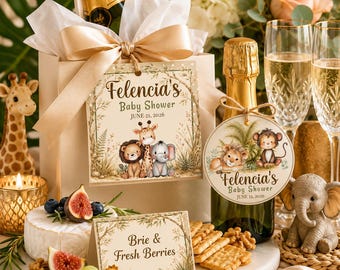 Etiquetas de regalo imprimibles para baby shower con temática de safari, descarga instantánea, etiquetas de recuerdo editables, etiquetas de agradecimiento, etiquetas de recuerdo para champán, decoración para fiestas de safari, BB3