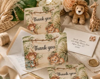 Tarjeta de agradecimiento para baby shower con temática de safari, imprimible, descarga instantánea, tarjeta de agradecimiento con tienda de campaña plegada, notas de agradecimiento para baby shower con temática de la jungla, BB3