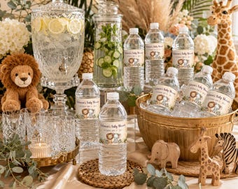 Etiquetas para botellas de agua de baby shower con temática de safari, descarga instantánea, envoltorio personalizado para botellas de agua, etiquetas para bebidas de baby shower con temática de la jungla, BB3