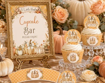 Kürbis, Cupcake Bar Zeichen druckbare Bundle, sofortiger Download, Cupcake-Wrapper, Cupcake Topper, Baby-Dusche-Dessert Tischdekoration, BB6