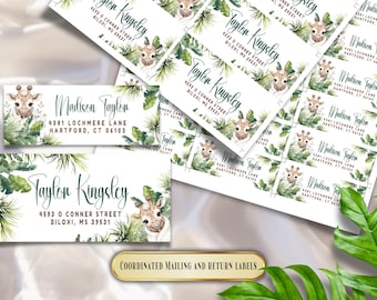 Plantilla de etiquetas de dirección para baby shower con temática de safari / Etiquetas de envío y devolución editables / Avery 5160 y 5167 / Etiqueta de envío para baby shower con diseño de jirafa de la jungla