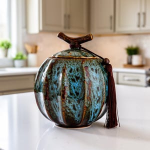 May include: A decorative ceramic jar with a lid and tassel. The jar has a round shape with vertical ridges and a blue and brown glaze. The lid is topped with a brown handle. A long brown tassel hangs from the lid.