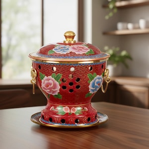 Cloisonne Copper Hot Pot Single Serving Alcohol Stove Pot, Chinese Enamel Mini Hot Pot, Floral Peony Design