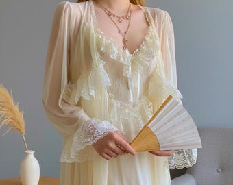 Viktorianisches Braut-Peignoir-Set, 2-teiliger Chiffon-Morgenmantel und Satin-Trägerrock, Netz-Unterkleid, Babydoll-Dessous