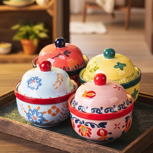 Ceramic Stew Pot with Lid Small Soup Bowl Floral Clay Pot Microwave Safe Cooking Bowl Single Serve Egg Steamer Rustic Kitchen