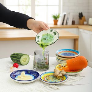 May include: A person is pouring green juice from a small ceramic grater into a glass. A cucumber, carrot, and ginger are next to colorful ceramic graters. The graters have various designs and colors, including blue, yellow, and green.