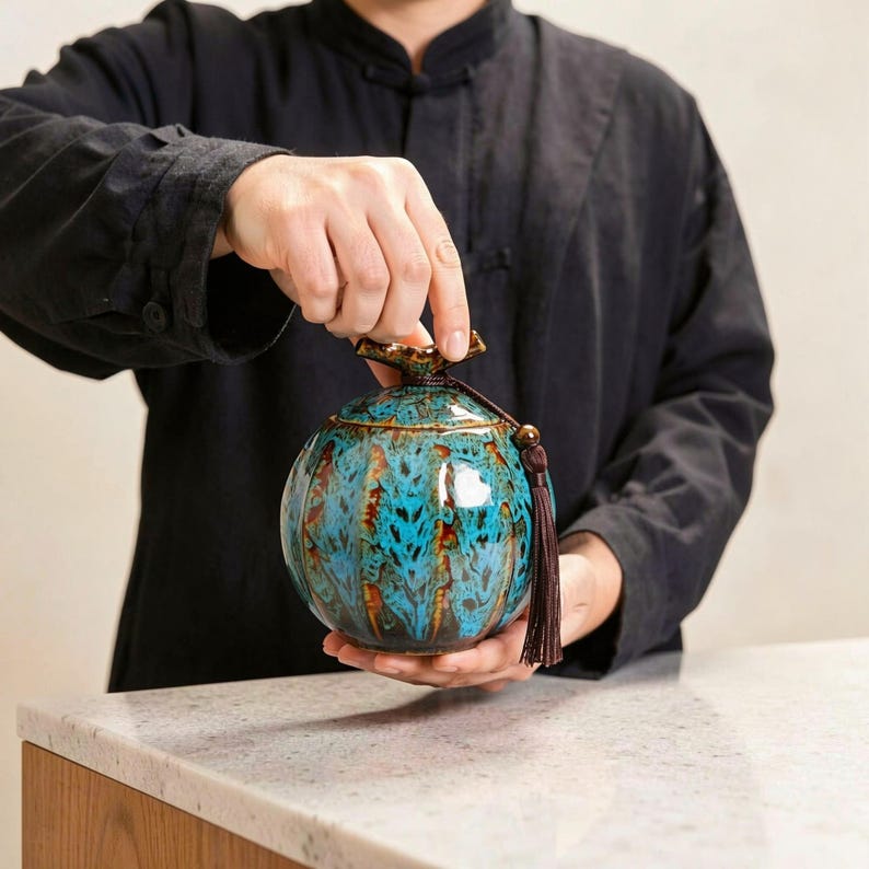 May include: A round, ceramic jar with a turquoise and brown glaze. The jar has a lid with a decorative handle and a brown tassel. The jar is held by a person wearing a black shirt.