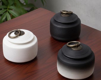 Ceramic Storage Jar with Lid, Stoneware Tea Coffee Canister, Airtight Kitchen Container, Black White Minimalist Spice Jar