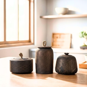 Japanese Style GoldTrim Ceramic Tea Canister, Large Sealed Tea Storage Jar, Iron-Glazed Tea Leaf Container for Pu’er, Tieguanyin & Black Tea