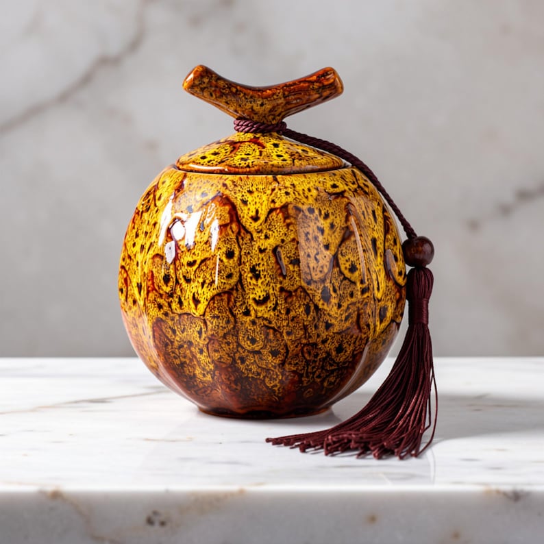 May include: A decorative ceramic jar with a lid and a tassel. The jar is a mix of yellow and brown with a textured pattern. The lid has a branch-like handle. A maroon tassel hangs from the jar, adding a decorative element.