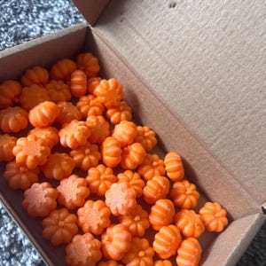 May include: A cardboard box filled with numerous small, bright orange pumpkin-shaped items. Each piece features a textured surface with vertical ridges and a small stem at the centre, arranged in a loose cluster within the open container.