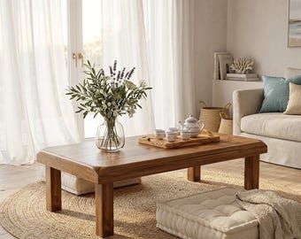 Solid Mango Wood Coffee Table, Mid Century Modern Japandi Living Room Tea Table