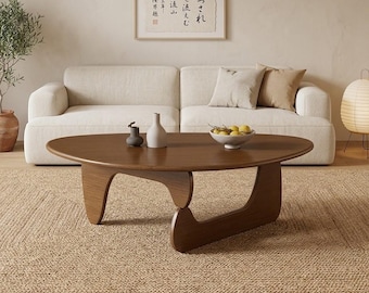 Japandi Solid Wood Coffee Table, Asymmetrical Walnut Low Tea Table, Modern Living Room Furniture