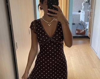 Vestido marrón de lunares estilo retro Y2K, vestido romántico de verano estilo Fairycore, ropa vintage de mujer de los años 2000.