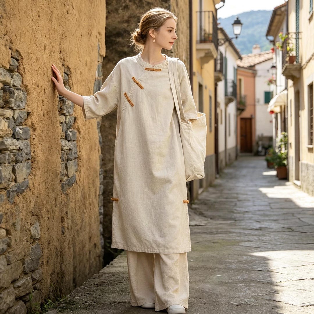 Zen Style Cotton Linen Maxi Dress, Boho Frog Button Kaftan, Minimalist ...