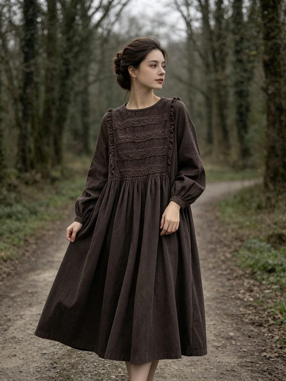 dark brown corduroy dress Plus Size Dress, Oversized Mori Girl Midi Smock, Loose Fit Cottagecore Dress, Vintage Long Sleeve With Lace Bib Womens dresses Color:VINTAGE BLUE shades of pink Xpluswear Design Plus Size weekend outings or shopping