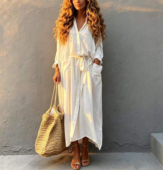 beach shirt dress uk White Linen Look Maxi for Women, Oversized Summer Kaftan Robe, Long Sleeve Cover Up,minimalist Resort Wear Vacation Outfit Gothic_Wedding_Dress