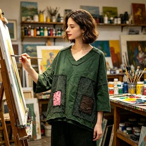 Puede incluir: Una mujer con una blusa verde oscuro con cuello en V y parches rosas y marrones pinta en un estudio de arte. Sostiene un pincel y trabaja en un lienzo. El estudio está lleno de pinturas y materiales de arte.