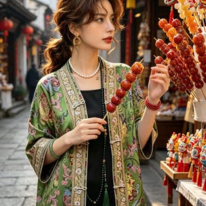 May include: A green jacket featuring intricate floral embroidery in pink, yellow, and white, worn over a black top. The jacket has a front closure with white toggle buttons and a wide, patterned border. A pearl necklace and gold hoop earrings are worn.