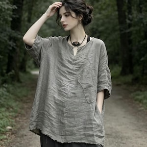 Oversized Cotton Linen Top, Loose Fit Summer Tunic Shirt, Retro Patchwork V Neck Blouse for Women, Breathable Plus Size Casual Clothing