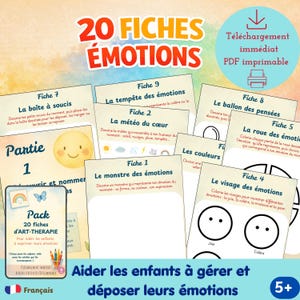 Op de afbeelding: Een set van 20 emotiekaarten voor kinderen, ontworpen om hen te helpen hun gevoelens te uiten en te beheersen. De kaarten bevatten kleurrijke illustraties en tekst in het Frans, met een downloadbare PDF-optie.