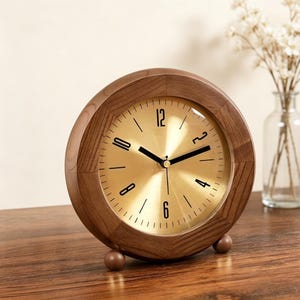 Solid Walnut Desk Clock, Brass Dial, Silent Mid Century Table Clock