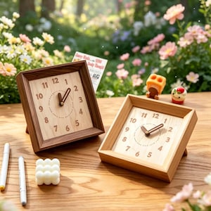 May include: Two square wooden desk clocks with light wood faces and dark wood frames. The clock faces display the numbers 1 through 12. The clocks are on a wooden surface with pens and a decorative candle.