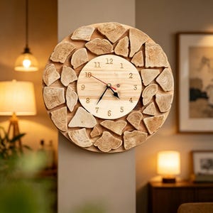 May include: A round wooden wall clock with a light brown face and a natural wood grain design. The clock features black hands, a red second hand, and is surrounded by irregularly shaped wood pieces. The clock measures approximately 12 inches in diameter.
