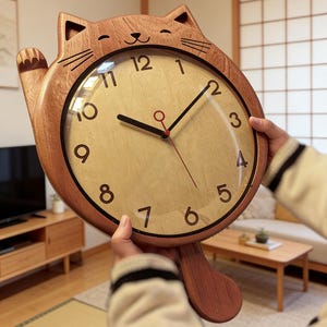 Solid Ebony Cat Wall Clock - Handcrafted 18" Lucky Cat Decor - One-Piece Carving - No Splicing