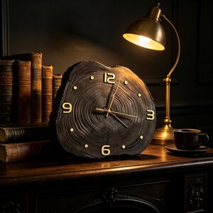 Reloj de pared/escritorio de madera de ginkgo carbonizado, estilo Dark Academia, redondo, irregular, silencioso.