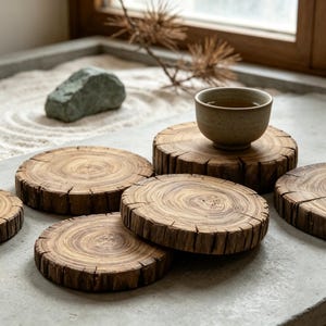 May include: A set of circular wooden coasters featuring visible tree ring patterns and natural bark edges. One coaster supports a small, speckled beige ceramic tea cup. The coasters are arranged on a flat surface, showcasing the wood grain texture.