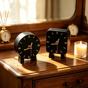 Puede incluir: Dos relojes de madera negros, uno redondo y otro cuadrado, con manecillas y marcadores dorados. Los relojes están sobre una superficie de madera, con una vela encendida y un pequeño reloj dorado en el fondo. Decoración del hogar.