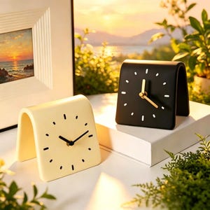 May include: Two minimalist, arched-shaped clocks. One is cream-colored, the other is black. Both have square faces with simple dot hour markers and gold or black hands. The clocks are displayed on a white surface, with a framed picture and greenery in the background.