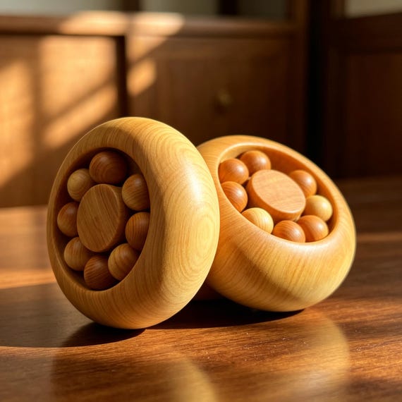 A hand-carved wooden wheel that spins satisfyingly in your palm — part kinetic desk sculpture, part tactile stress reliever, with genuine Feng Shui symbolism baked into the craft.