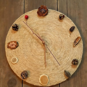 Handwoven Jute Rope Wall Clock – Natural Pinecones, Dried Fruit, Woodland Decor