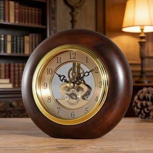 Vintage Skeleton Desk Clock with Visible Gears, Solid Wood Mechanical Clock, Roman & Arabic Numerals, Dark Academia Decor, Gift for Him