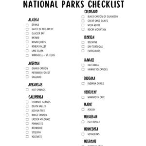 May include: A black and white checklist of all the National Parks in the United States. The checklist is organized by state and includes a checkbox next to each park name.