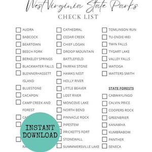 West Virginia State Park und Wälder Checkliste, West Virginia Bucket List, Reise-Checkliste, West VA Zustand druckbare Liste, Download & Print