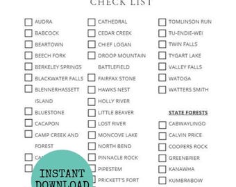 West Virginia State Park and Forests Checklist, West Virginia Bucket List, Travel checklist, West VA state printable list, download & print