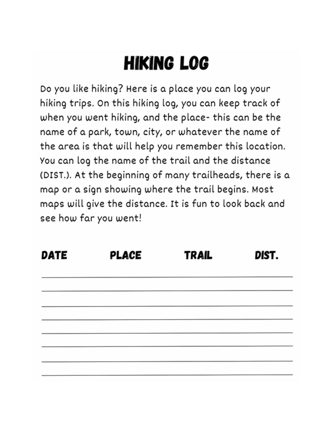 Hiking Log for Kids, Printable Hiking Log, Digital Hiking Journal and