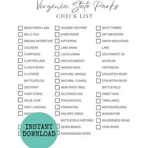 Virginia State Park Checklist, Virginia Bucket List, Travel checklist, Virginia state printable checklist, download and print Virginia