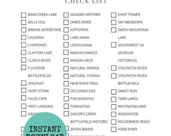 Virginia State Park Checklist, Virginia Bucket List, Travel checklist, Virginia state printable checklist, download and print Virginia