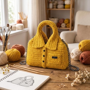 May include: A mustard yellow crochet handbag, designed to look like a collared shirt. It has a front pocket, black buttons, and a chain strap. Yarn balls and a sketch of the bag are on a wooden surface.