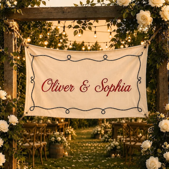 Vintage Hand-Tufted Wedding Banner, Personalized Plush Embroidery Fabric Sign for Romantic Ceremony Decor