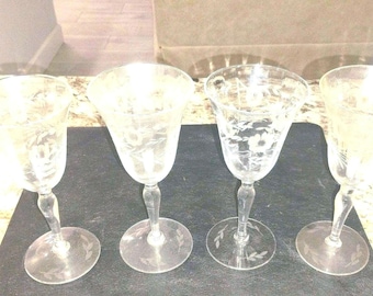 Vintage 1940s Princess House Etched Crystal Stemware Wineglasses (4) Cornflower Pattern