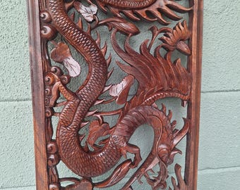 Wood Carved Dragon Wall Relief Panal, Asian Art