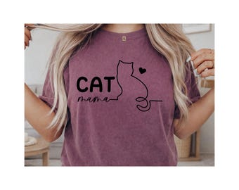 Cat Mama enkel linjekonst T-shirt | Kattsilhuett, hjärta